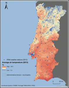 Average air temperature and IPMA weather station locations, 2013