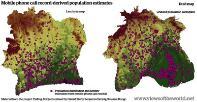 Ivory Coast mobile phone population cartogram